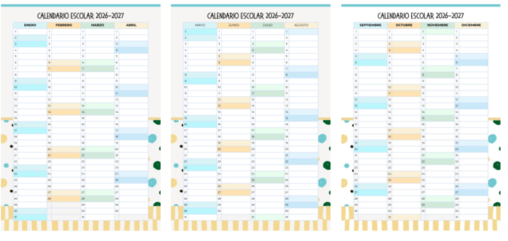 Calendario escolar 2026-2027 de planificación anual Organiza tu curso con estilo y claridad Comienza el nuevo curso con planificación y color. Este calendario escolar 2026–2027 está diseñado para ayudarte a [&hellip;]