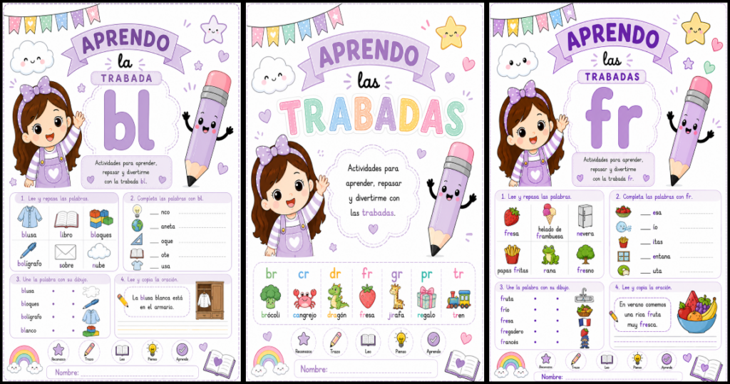 Esta colección de Fichas Aprendo las Sílabas Trabadas ofrece diferentes propuestas para que los niños y niñas practiquen estas combinaciones consonánticas mediante ejercicios de identificación, asociación imagen-palabra, lectura, escritura, completar palabras, ordenar sílabas [&hellip;]