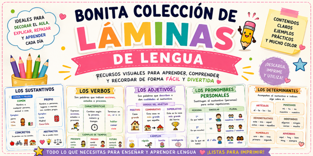 La enseñanza de la Lengua resulta mucho más sencilla cuando los contenidos se presentan de forma visual, clara y atractiva. Hoy compartimos una bonita colección de láminas didácticas de Lengua [&hellip;]