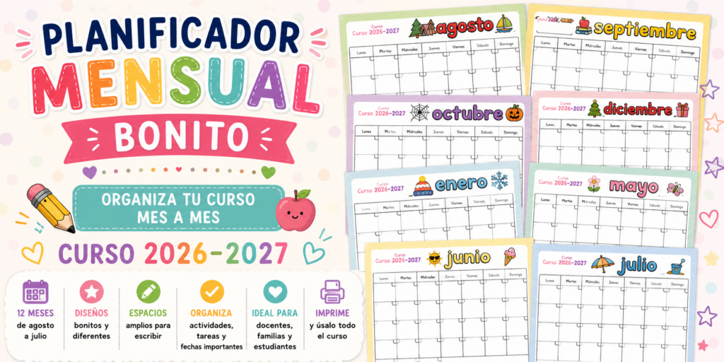 La organización es una de las grandes aliadas de docentes y familias durante el curso escolar. Por eso hoy compartimos un bonito planificador mensual para el curso 2026-2027, pensado para [&hellip;]