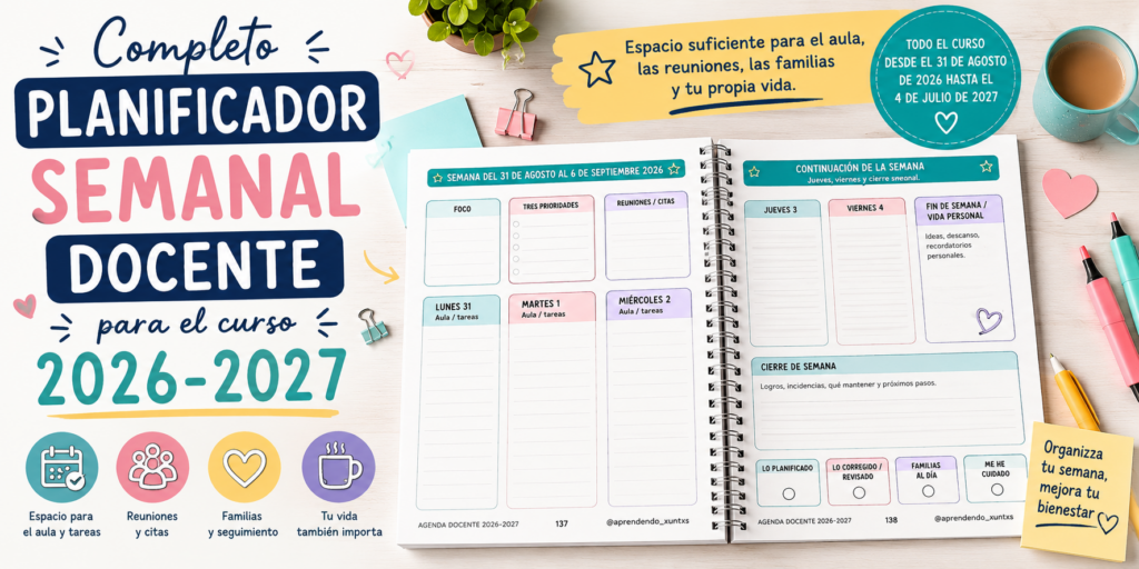 Organizar un curso escolar implica mucho más que anotar tareas en una agenda. Clases, reuniones, familias, correcciones, citas, prioridades… y, entre todo ello, también necesitamos reservar un pequeño espacio para [&hellip;]