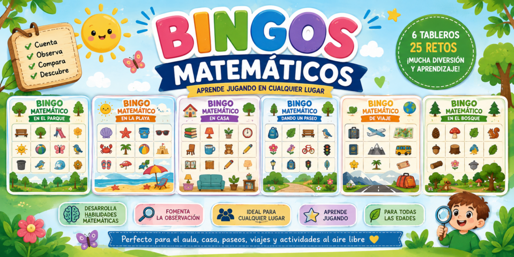 Aprender matemáticas no tiene por qué limitarse al aula o a una ficha de ejercicios. Con estos Bingos Matemáticos, los niños desarrollan habilidades matemáticas mientras observan, cuentan, comparan, clasifican y [&hellip;]