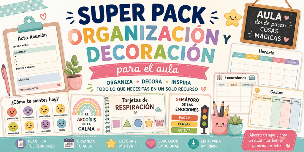¿Te gustaría tener un aula organizada, funcional y acogedora sin perder horas diseñando materiales? Con este Super Pack de Organización y Decoración para el Aula tendrás a tu disposición una [&hellip;]