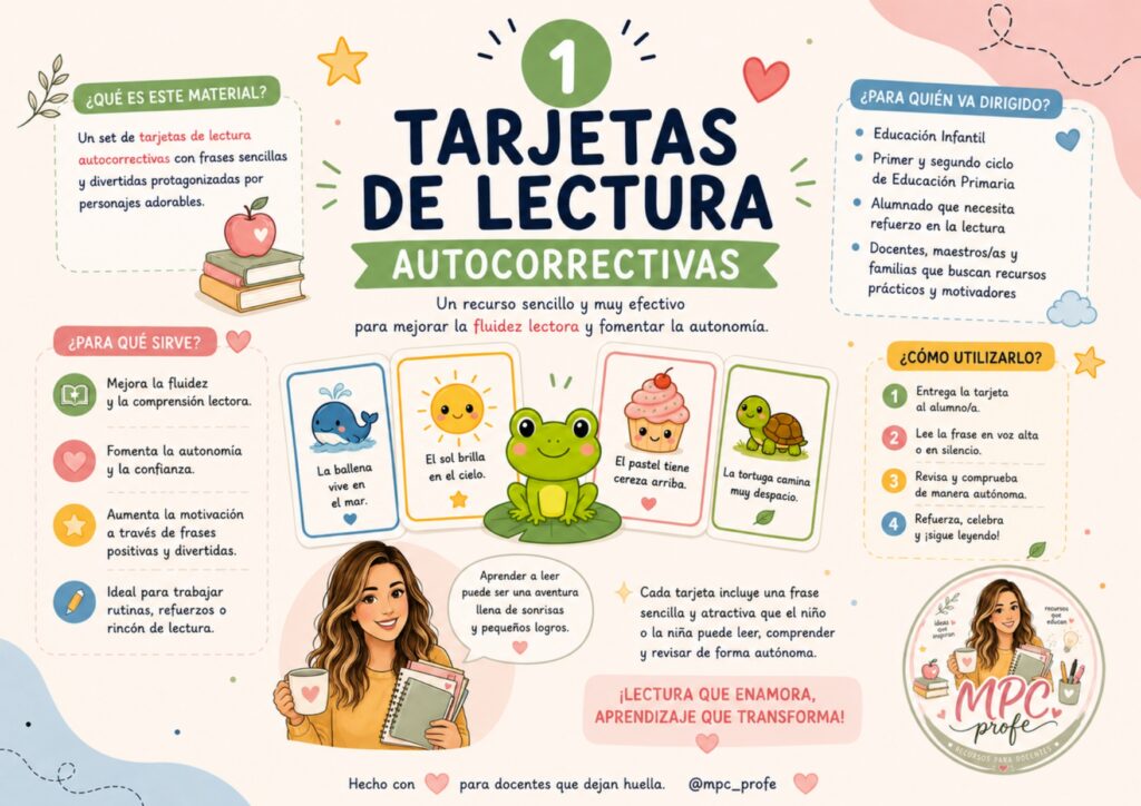 Lectura divertida, autónoma y llena de pequeños logros Aprender a leer puede ser una aventura llena de sonrisas, confianza y descubrimientos. Estas tarjetas de lectura autocorrectivas, creadas por @mpc_profe, son [&hellip;]