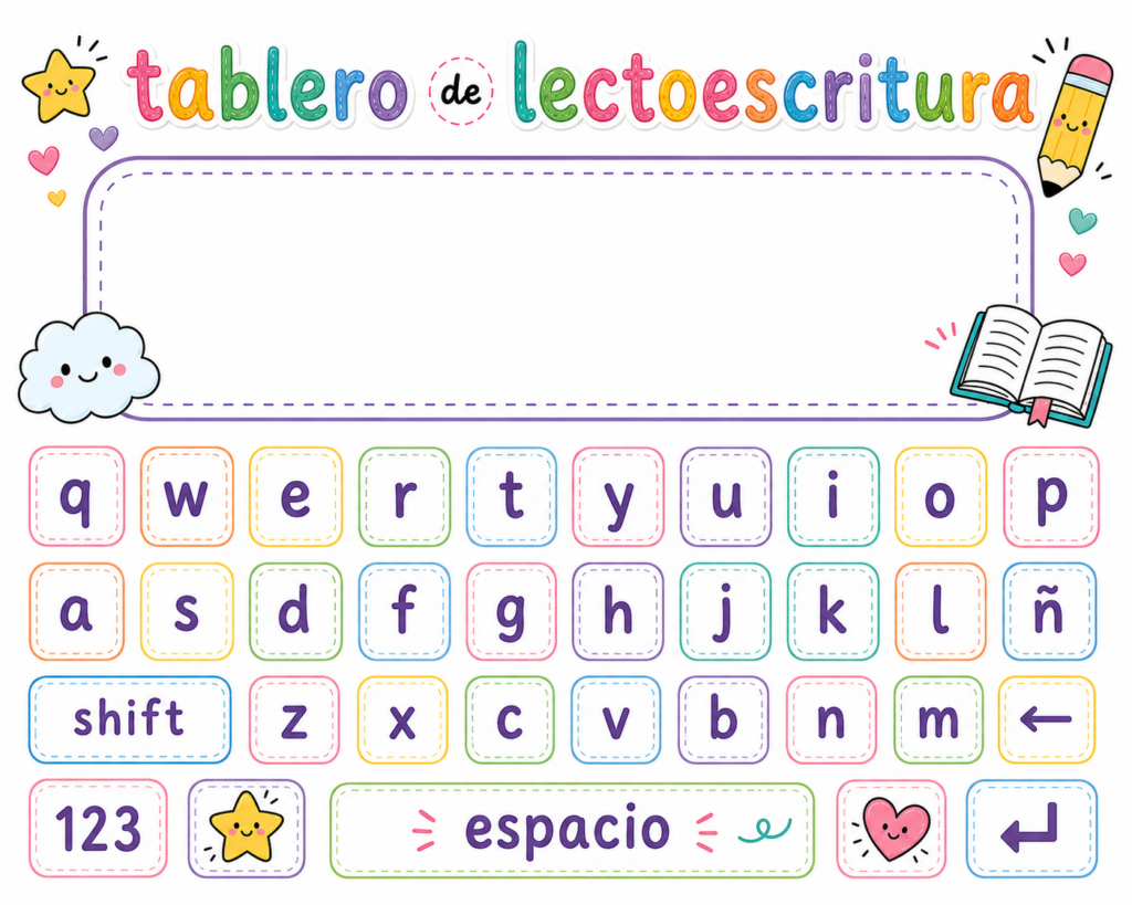 Con un diseño infantil en tonos pastel, letras grandes y muy legibles y un simpático teclado inspirado en los dispositivos digitales, este tablero invita a los niños a familiarizarse con [&hellip;]