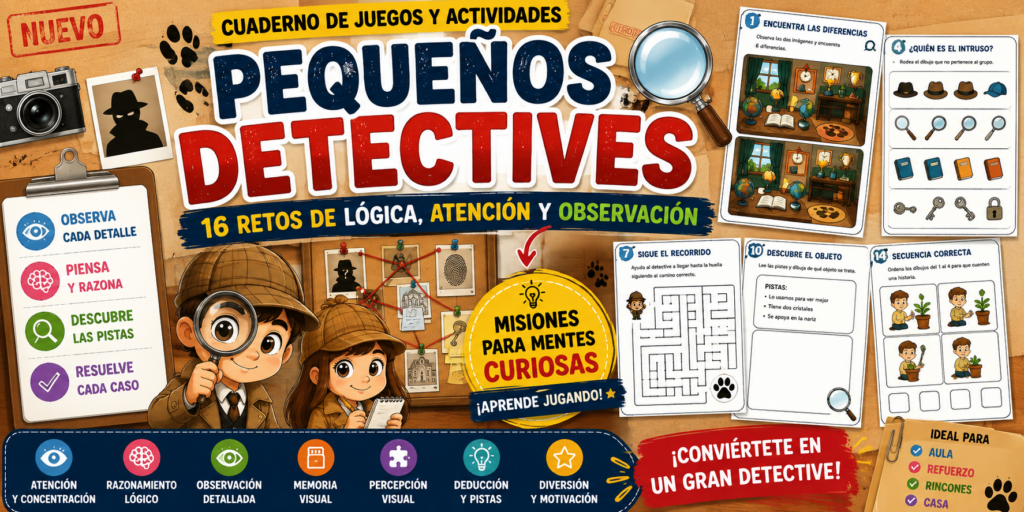 ¡Caso abierto! 🕵️‍♀️🔎 Hoy compartimos un cuaderno pensado para convertir el entrenamiento cognitivo en una auténtica aventura de detectives. A través de diferentes misiones, los niños tendrán que observar, pensar, [&hellip;]