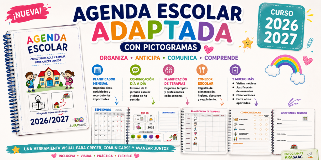 Compartimos un recurso especialmente pensado para organizar, anticipar, comunicar y comprender mejor el día a día escolar: la nueva Agenda Escolar Adaptada con pictogramas para el curso 2026/2027. Se trata [&hellip;]