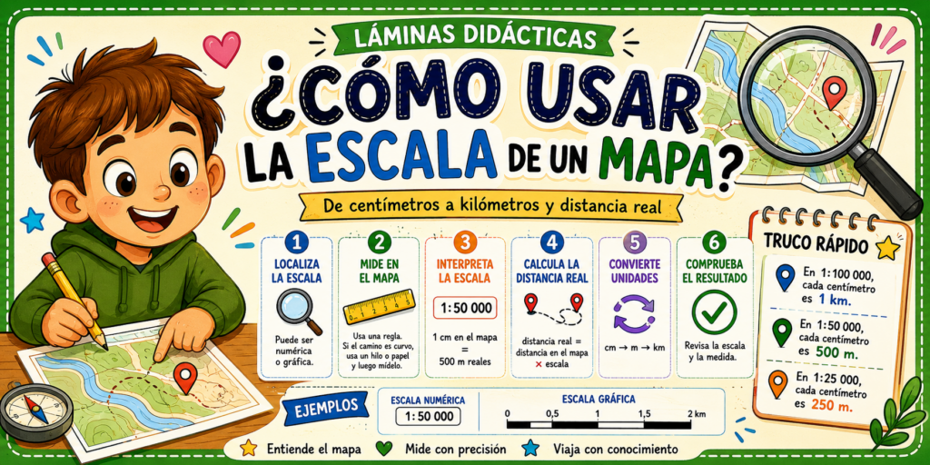 De centímetros a kilómetros y distancia real 🎯 Objetivo del recurso Esta lámina enseña paso a paso cómo interpretar y aplicar la escala de un mapa para calcular distancias reales. [&hellip;]