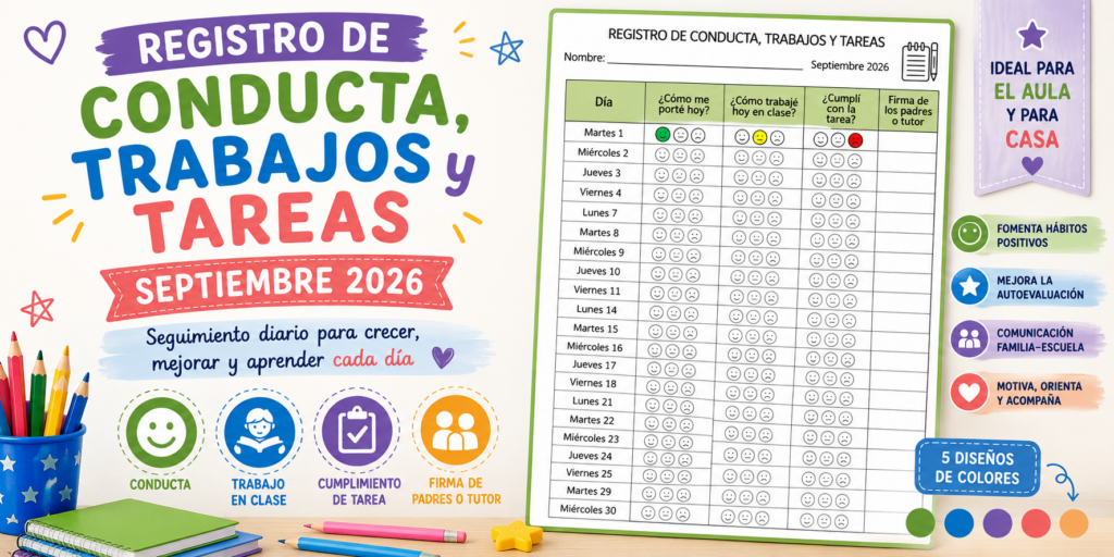 Con el comienzo de septiembre de 2026 y la vuelta a las rutinas escolares, compartimos un nuevo recurso pensado para facilitar el seguimiento diario del alumnado: un Registro de conducta, [&hellip;]