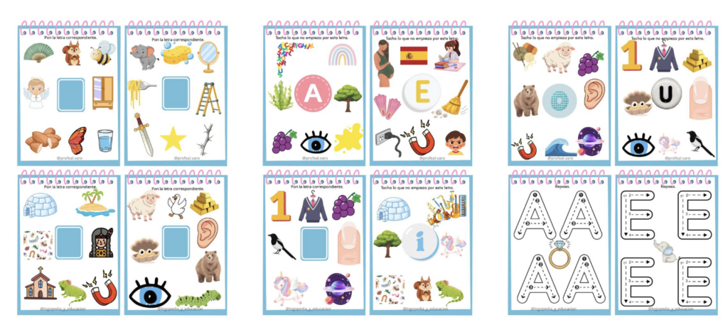 ¡Cuaderno de vocales! Te dejamos este cuaderno de vocales con el que podrás reforzar:– Conciencia fonológica– ⁠Asociación fonema-fonema– ⁠Asociación grafema- fonema👉Creado por @profeal.varo, @logopedia_y_educacion, @logopedia_creativa MI CUADERNO DE VOCALES