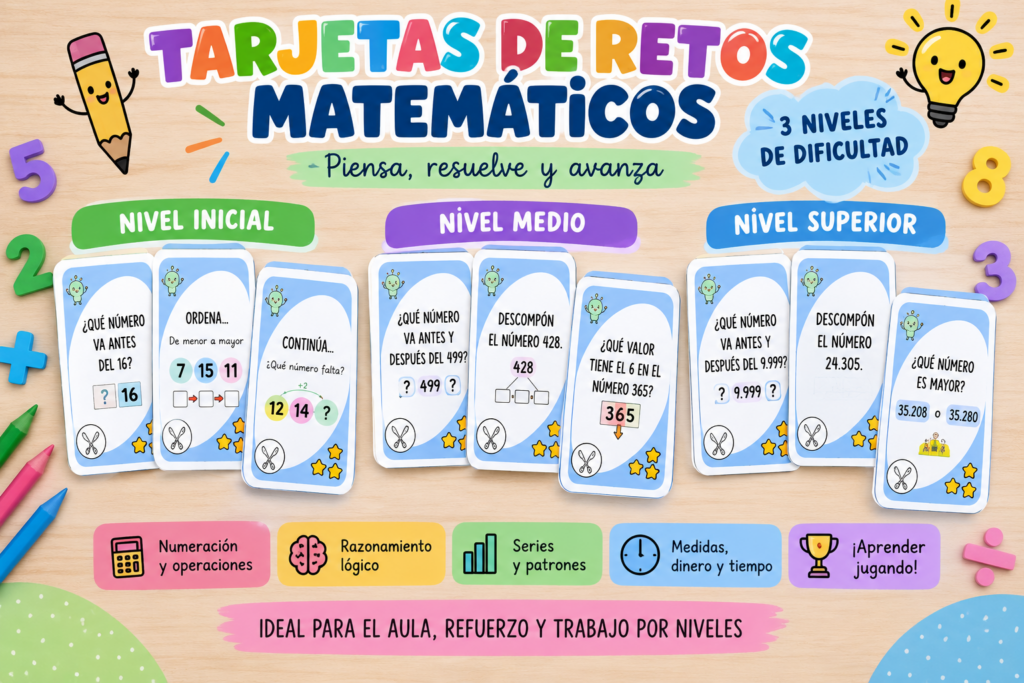 Hoy compartimos un recurso pensado para repasar y reforzar diferentes contenidos matemáticos de una forma dinámica y motivadora: una colección de tarjetas de retos matemáticos organizadas en tres niveles de [&hellip;]