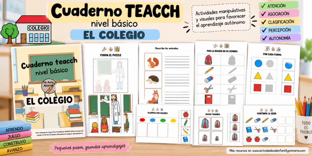 Hoy compartimos un recurso especialmente pensado para trabajar habilidades cognitivas básicas mediante actividades manipulativas y visuales: un Cuaderno TEACCH de nivel básico con temática del colegio, creado por @miaulaabierta.  El [&hellip;]