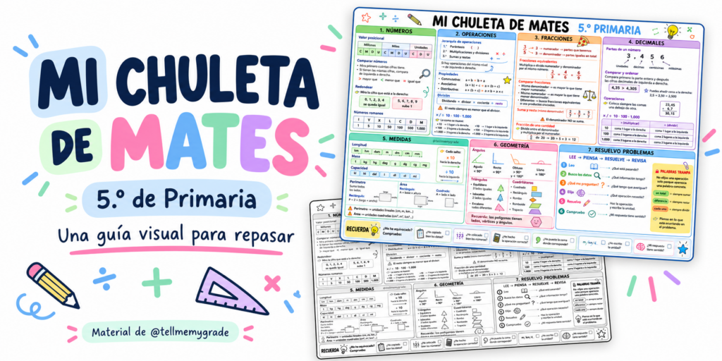 Hoy compartimos «Mi chuleta de mates», un recurso de @tellmemygrade que reúne contenidos de Matemáticas de 5.º de Primaria en una lámina de consulta. Su formato permite localizar rápidamente reglas, [&hellip;]