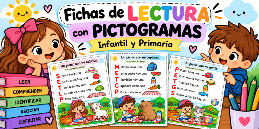 Fichas de lectura con pictogramas para Infantil y Primaria Compartimos una colección de 12 fichas de lectura con pictogramas para favorecer el aprendizaje de la lectoescritura de una forma visual, [&hellip;]